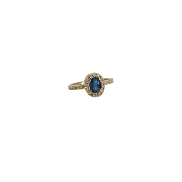 ANEL EM OURO AMARELO COM SAFIRA E BRILHANTES 0,22 CTS