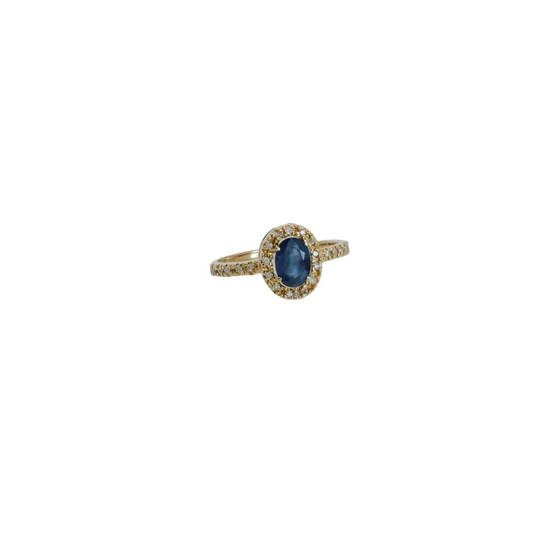 ANEL EM OURO AMARELO COM SAFIRA E BRILHANTES 0,22 CTS