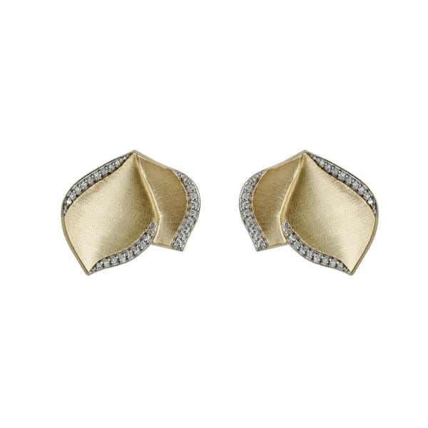 BRINCOS EM OURO AMARELO PETALA DUPLA COM BRILHANTES 0,49 CT COLECAO PETALA