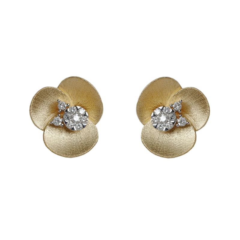 BRINCOS EM OURO AMARELO COM BRILHANTES FLOR TAM P 0,20CT COLECAO PETALA