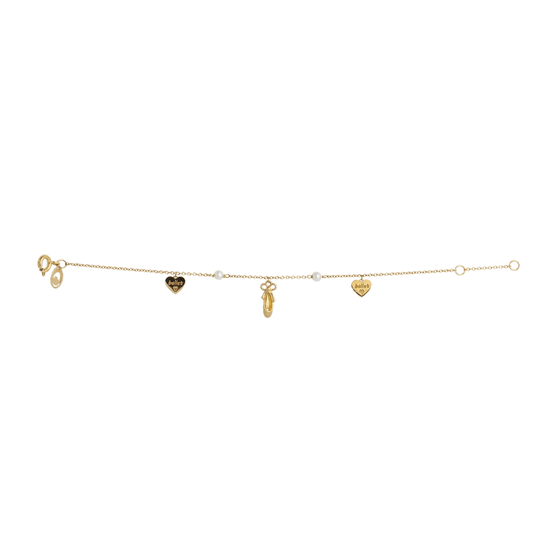 PULSEIRA EM OURO AMARELO INFANTIL  COM PEROLAS E SAPATILHA